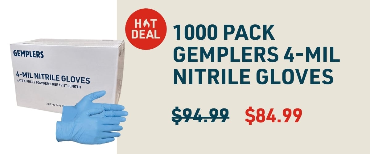 1000 pack of Gemplers 4-mil nitrile gloves.